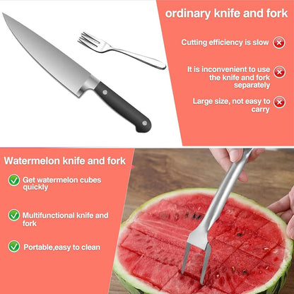 Watermelon Cutter, 2-in-1 Stainless Steel Fruit Cutter, Dual Head Watermelon Fork Slicer Tool, Summer Fruit Cutting Kitchen Gadget for Home (Round-2PCS)