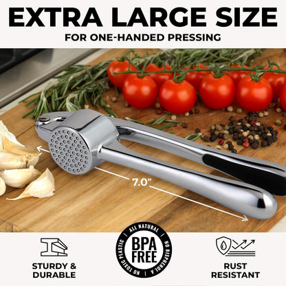 Zulay Kitchen Premium Garlic Press Set - Rust Proof Professional Garlic Mincer Tool - Easy-Squeeze, Easy-Clean with Soft, Ergonomic Handle - Silicone Garlic Peeler & Brush (Silver)
