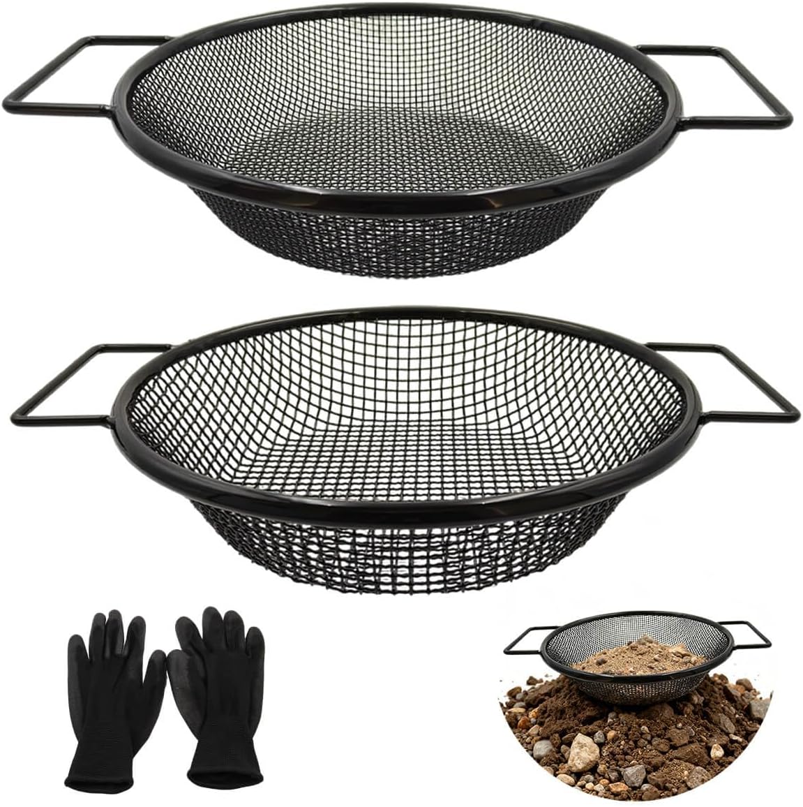 Dirt Soil Sifter for Gardening - 2Pcs Multi Mesh Size Set (1/8",1/4",) Heavy Duty Garden Sieve with Handles, Ideal for 5 Gallon Bucket Compost, Dirt, Sand, Gravel, Rocks & Sawdust Sifter