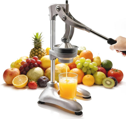 Cast Iron Manual Juicer, Full 304 Stainless Steel, Gravity Press Lever, Effortless Hand Press Juicer for Citrus Lemon Lime Grapefruit, Easy to Clean with Wide Stable Base (Silver)