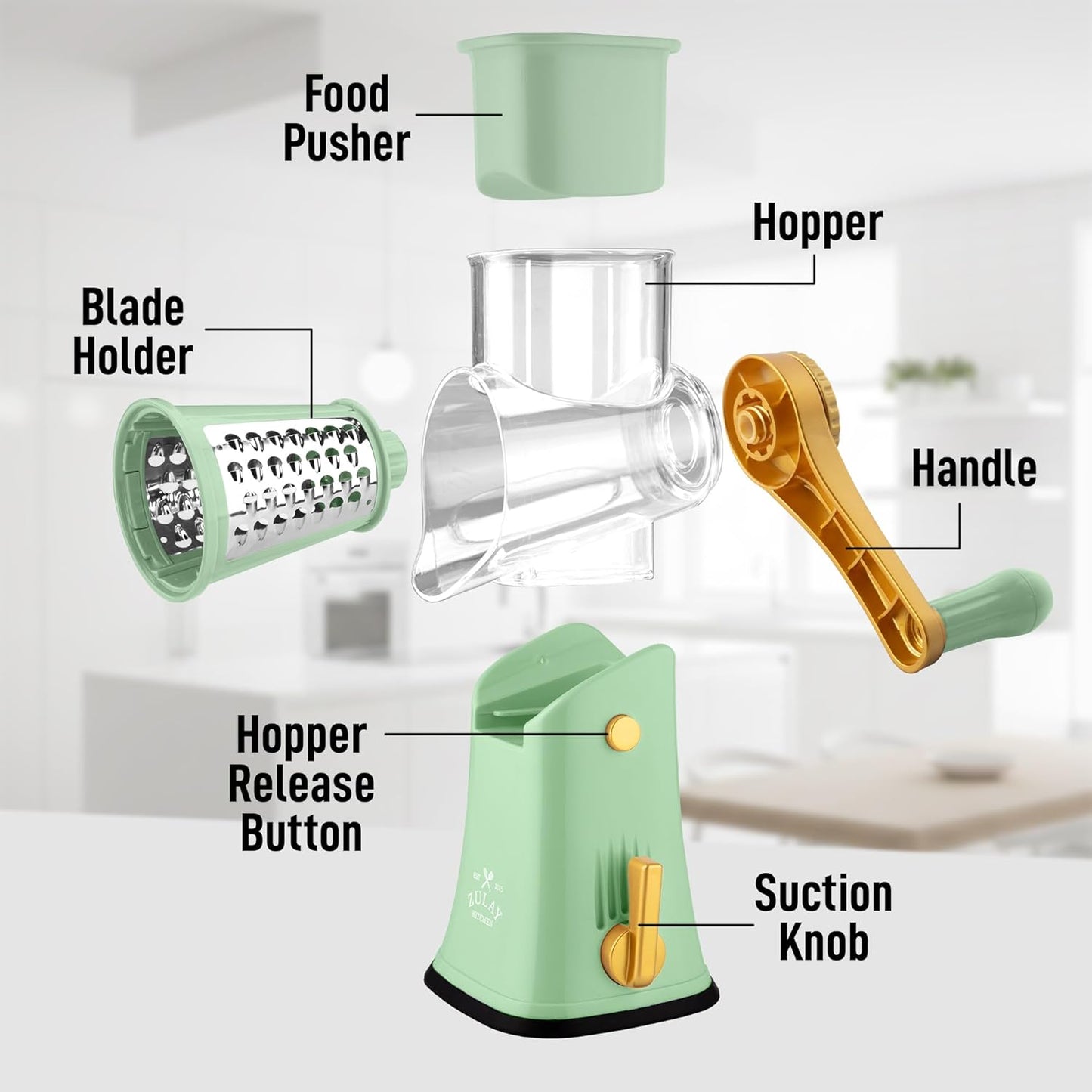 Zulay Kitchen Rotary Cheese Grater 5 Blade Cheese Shredder - Manual Hand Crank Cheese Grater With Reinforced Suction & 5 Interchangeable Drums - Easy to Use, Vegetable Chopper Round Mandoline Slicer - Colors A