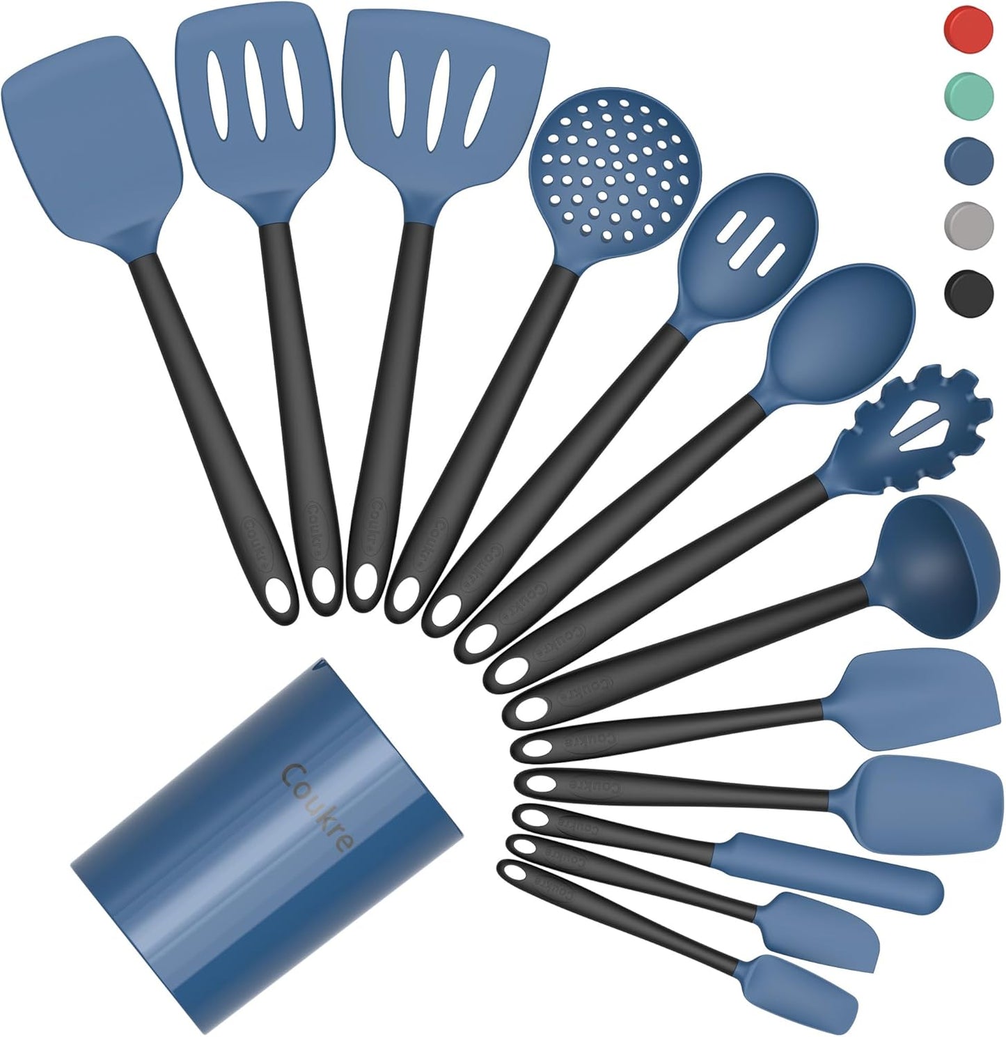 Coukre Silicone Kitchen Cooking Utensils Set with Holder – Heat-Resistant, Food-Grade Kitchen Tools, Spatula, Spoon & Gadgets for Non-Stick Pans, Dishwasher Safe (14, PureBlack)