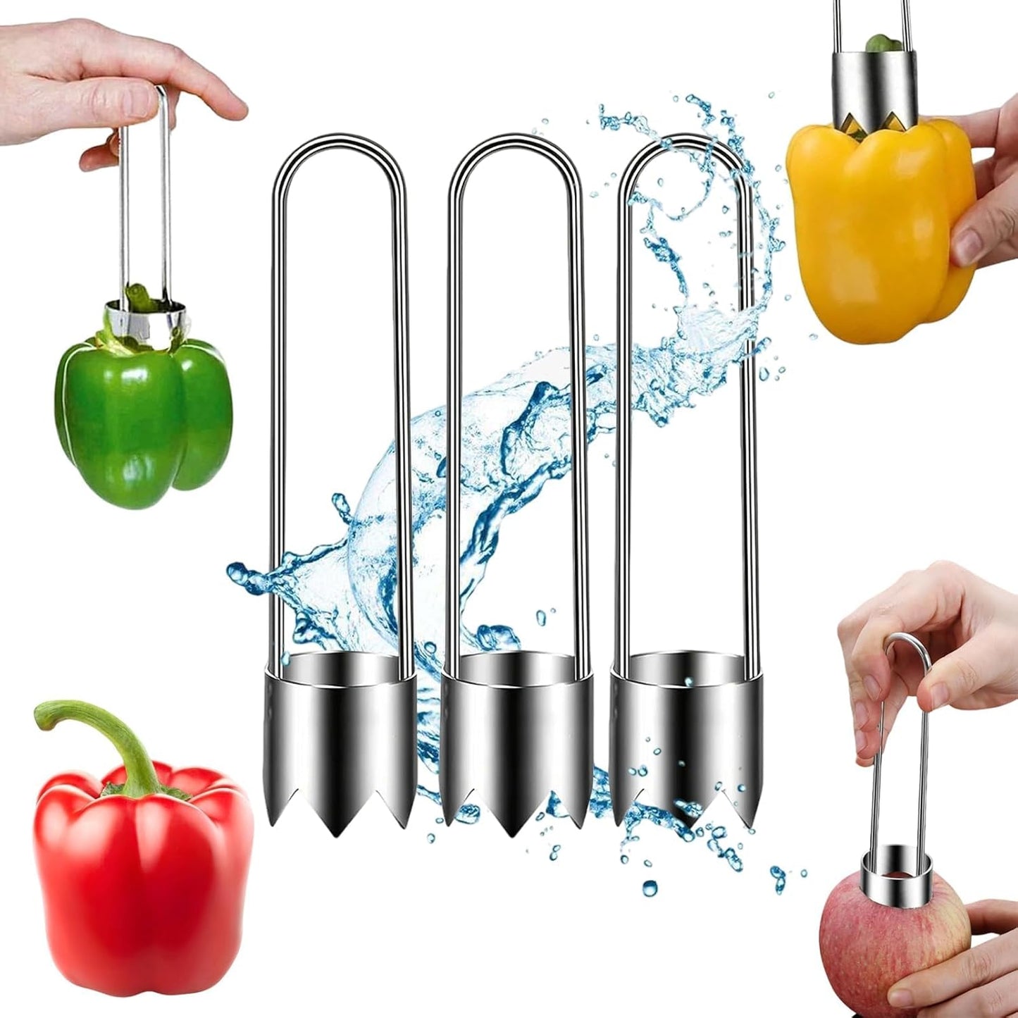 3PCS Red Bell Pepper Seed Corer-Multifunctional Fruit And Vegetable Core Remover,Kitchen Gadgets for Pepper, Pineapple, Pear (silvery)
