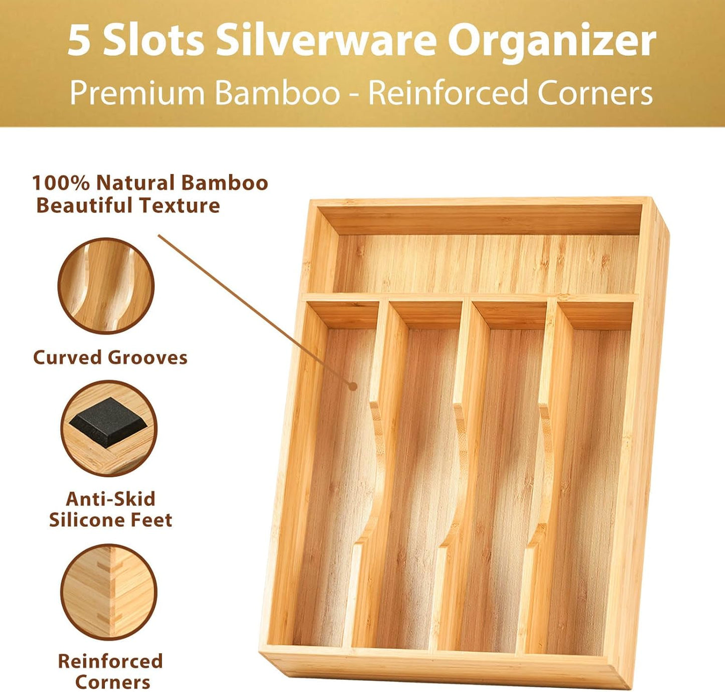 Umilife Bamboo Kitchen Drawer Organizer, 7 Inch Silverware Utensils Tray Holder for Small Drawer, Wood Caddy for Flatware Cutlery Knives