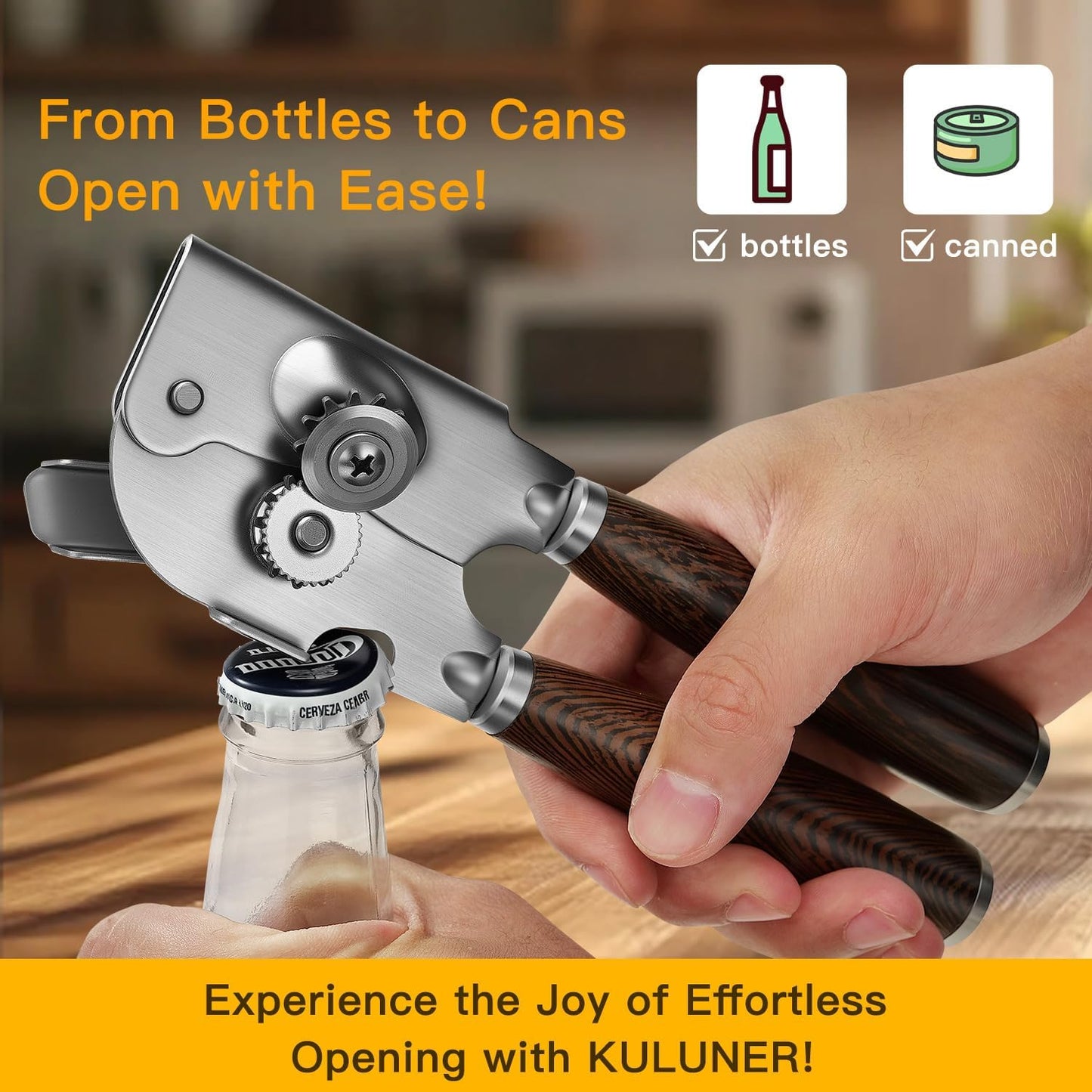 Upgraded Efficient Manual Can Opener - Selected Solid Wood Handle, Sharp and Smooth Blade Edge, Portable Design, Easy-Open Large Knob, Versatile for Various Bottle Caps（Rosewood）
