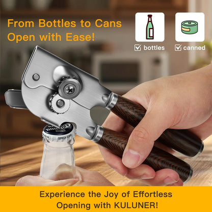 Upgraded Efficient Manual Can Opener - Selected Solid Wood Handle, Sharp and Smooth Blade Edge, Portable Design, Easy-Open Large Knob, Versatile for Various Bottle Caps（Rosewood）