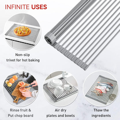 MERRYBOX Roll Up Over The Sink Dish Drying Rack Silicone Wrapped Foldable, Heat-Resistant, Anti-Slip Sink Rack Multipurpose Dish Drainer for Kitchen Sink Counter - White, 17.5" x 11"