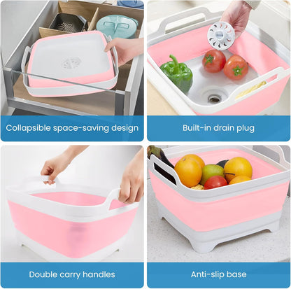 EZuraa 2.4 gal(9L) Gray Collapsible Dish Basin, Portable Sink or Dish Pan for Kitchen Sink with Drain Plug/Strainer, Space Saving Baby Bottle Wash Basin Collapsible Bucket, Beverage Tub for Camping