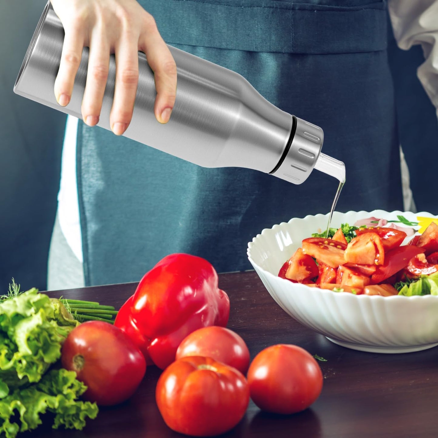 QWORK 304 Stainless Steel Olive Oil Dispenser Bottle, 25oz Oil Decanter with Easy Pour Spout, Anti-Drip Design, 750ml Oil Cruet for Kitchen Cooking & Salad Dressing, 2.9W x 10.2H