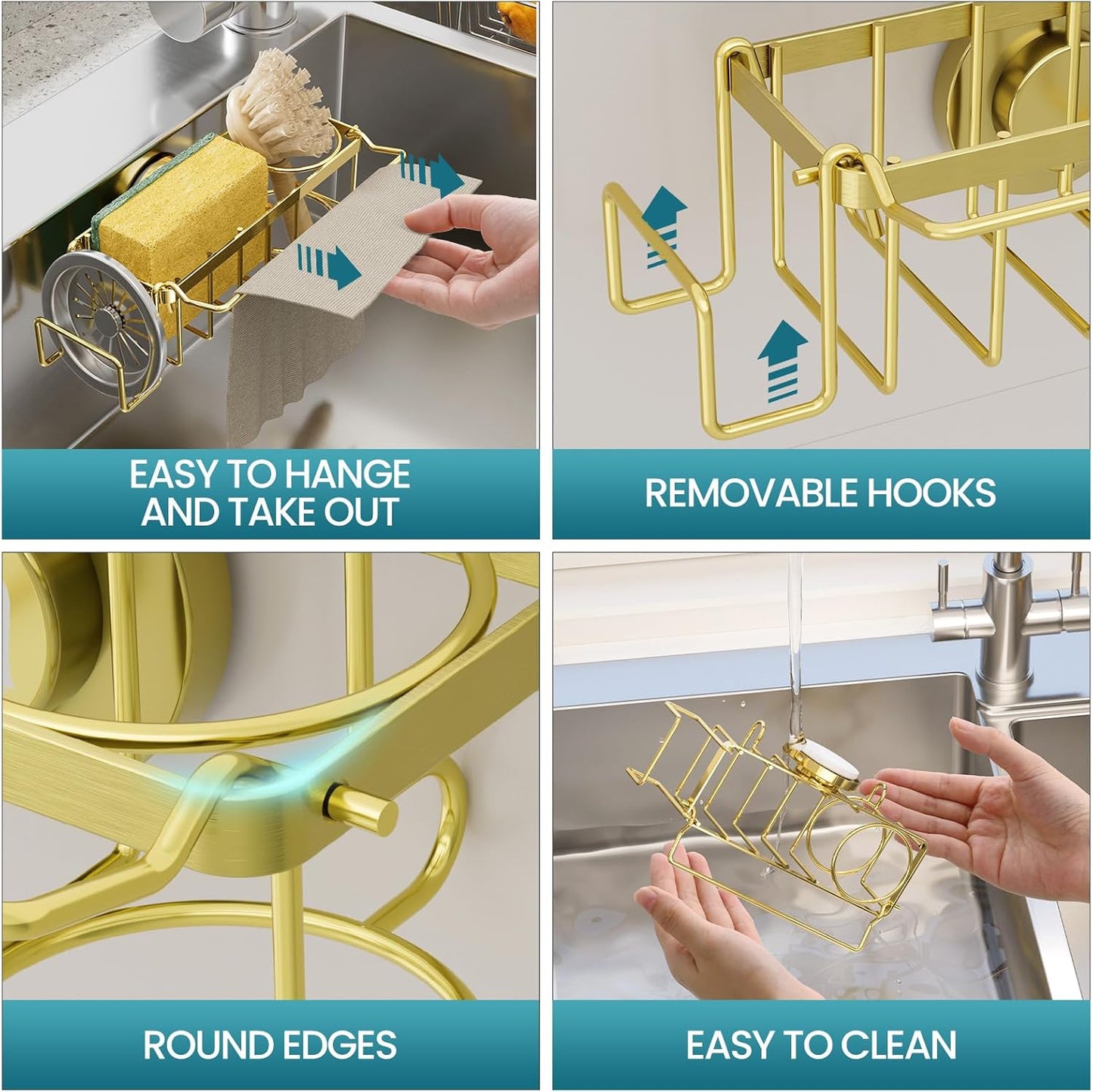 TAILI Sponge Holder for Kitchen Sink with Strong Suction Cup, Rustproof Aluminum Sink Caddy for Sponges, Removable Sponge Holder, Dish Brush for Scraper - Silver