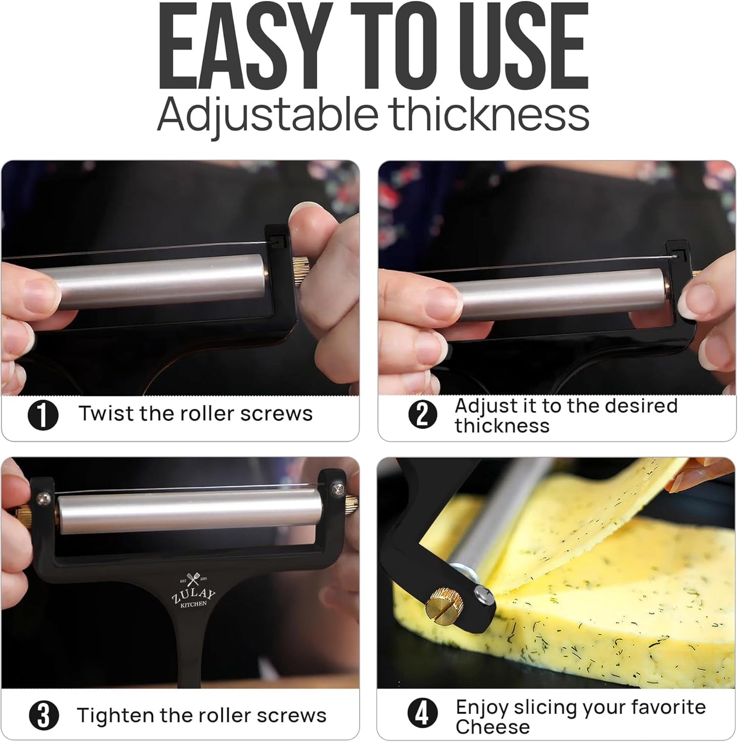 Zulay Kitchen Stainless Steel Wire Cheese Slicer - Adjustable Hand Held Cheese Cutter with 2 Extra Wires - Premium Cheese Shaver For Mozzarella, Cheddar, Gruyere - Cheese Cutter with Wire (Gunmetal)