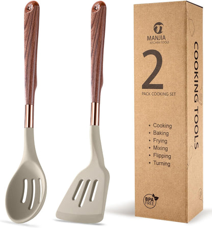 MANJIA Silicone Spatulas Set, Nonstick Silicone Spoon & Turner Spatula Set, Serving Spoon kitchen Spatula for Cooking Fish, Eggs,Flipper, Cooking Utensils Set 2pcs (white-spoons)