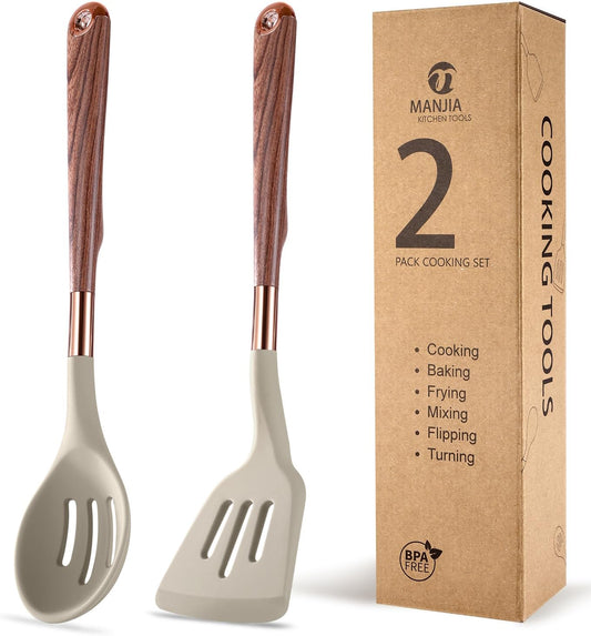 MANJIA Silicone Spatulas Set, Nonstick Silicone Spoon & Turner Spatula Set, Serving Spoon kitchen Spatula for Cooking Fish, Eggs,Flipper, Cooking Utensils Set 2pcs (white-spoons)
