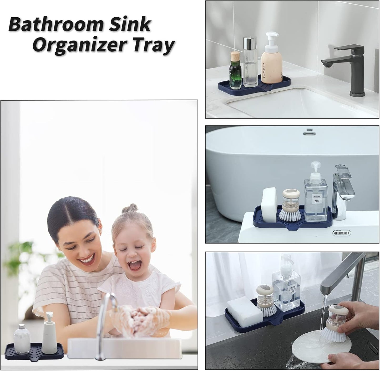 MicoYang Silicone Soap Dish with Drain Spout, Self-Draining Sink Organizer Tray for Bathroom and Kitchen, Sponges, Dispensers and Soap Holder, Non-Slip and Dishwasher Safe, Black (Compact, 4.9"×3.2")