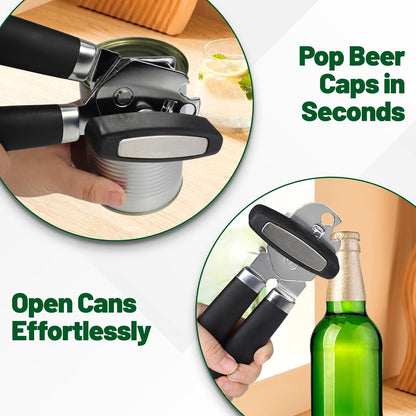 Can Opener Multifunction Manual Can Opener Features Black Stainless Steel Construction Open Can Beer Bottle with Magnetic Function for Daily Kitchen Use Seniors and Arthritis Hands