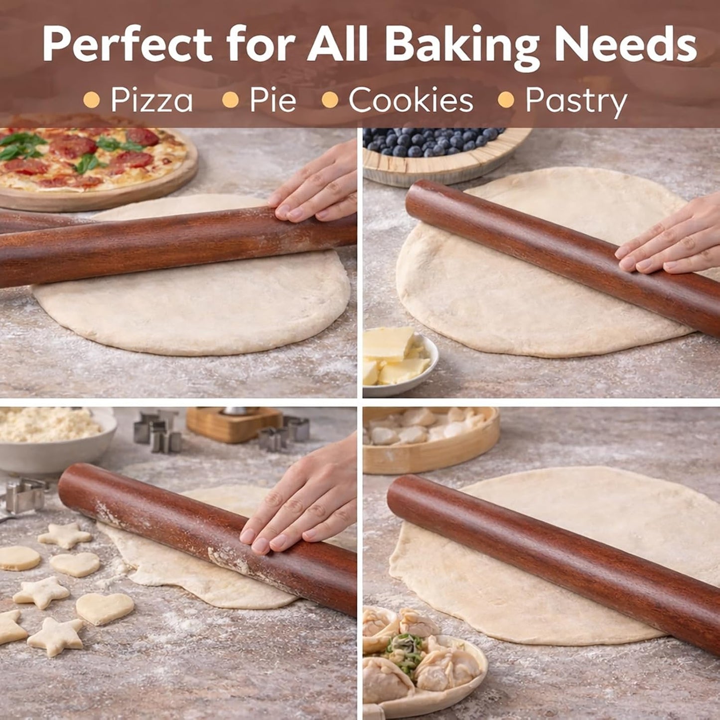 17 Inch French Rolling Pin, Wooden Dough Roller for Baking, Solid Wood Tapered Rolling Pin for Pizza, Pie Crust, Cookies, Pastry, Non-Stick, Easy Control Kitchen Baking Tool, European Beech Wood