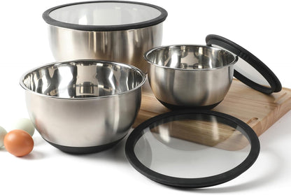 Calphalon Orbit 3 Piece Mixing Bowl Set with Acacia Wood Lids, Nesting Kitchen Mixing Bowls for Baking, Cooking, Meal Prep and Food Storage, Durable Design with Airtight Style Covers