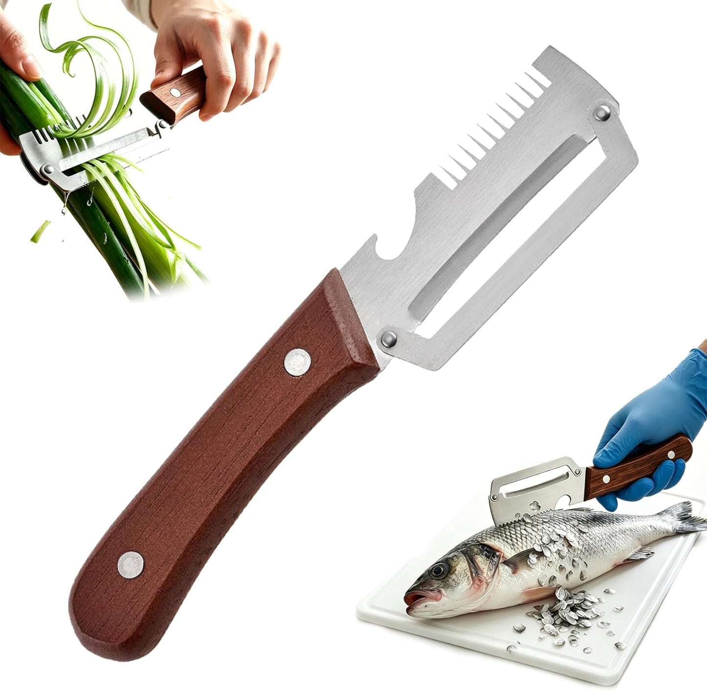 3 in 1 Premium Heavy Duty Stainless Steel Peeler - 2026 New 0 Snag Wooden Peeler for Kitchen - Multifunctional Vegetable Peeler with Bottle Opener & Serrated Blade - Fruit & Potato Peeling Tool (A+B)