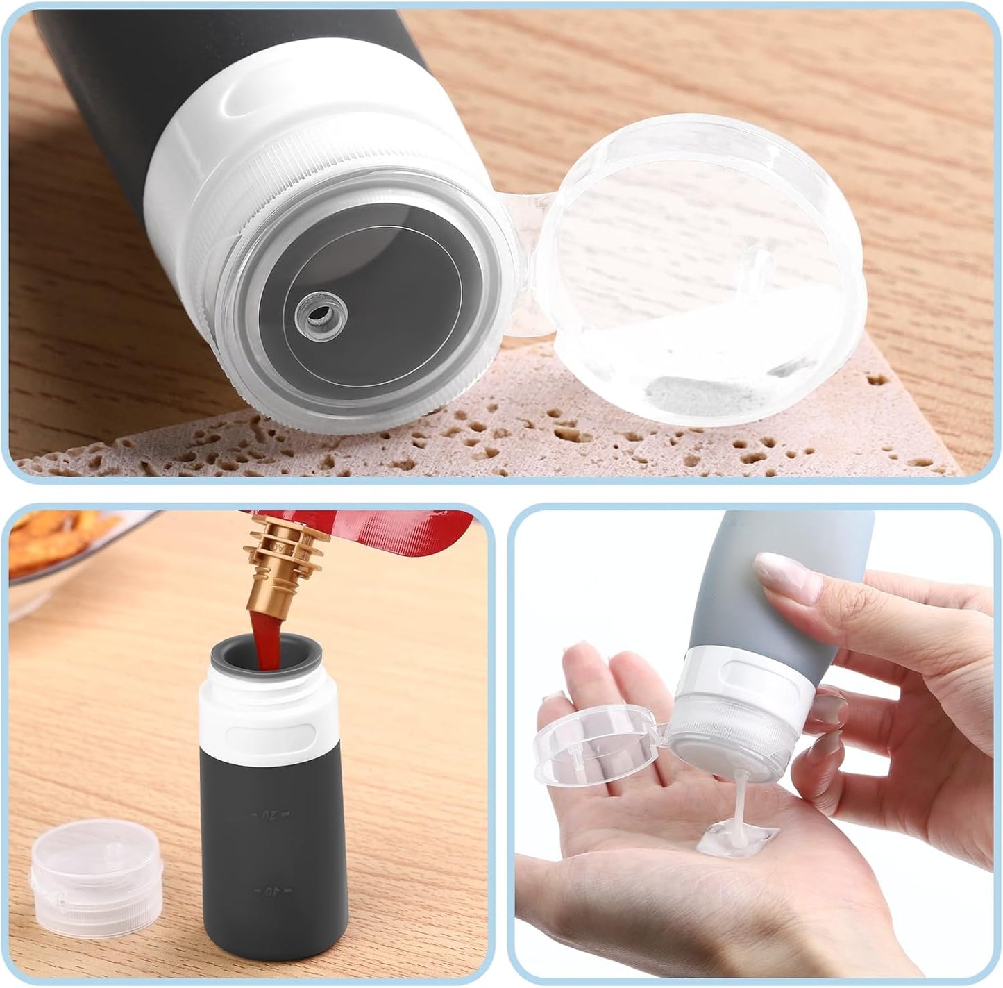 MICEBAY 8-Pack Salad Dressing Container To Go, 2-oz Silicone Small Condiment Squeeze Bottles and 1.6 oz Stainless Steel Sauce Containers Cups, Leakproof Condiment Containers with Lids for Lunch Box