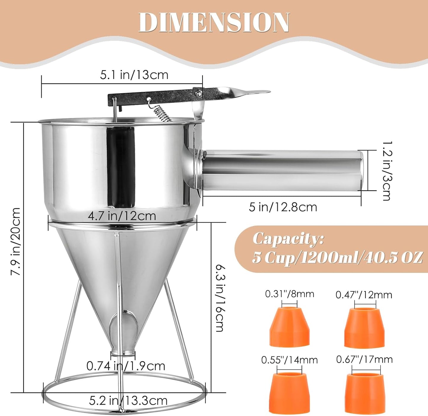 MAOPINER 1200ML 40.5OZ Stainless Steel Pancake Batter Dispenser, Piston Funnel Cake Maker Dispenser, Commercial Chocolate Confectionery Funnel with Stand for Takoyaki and Baking