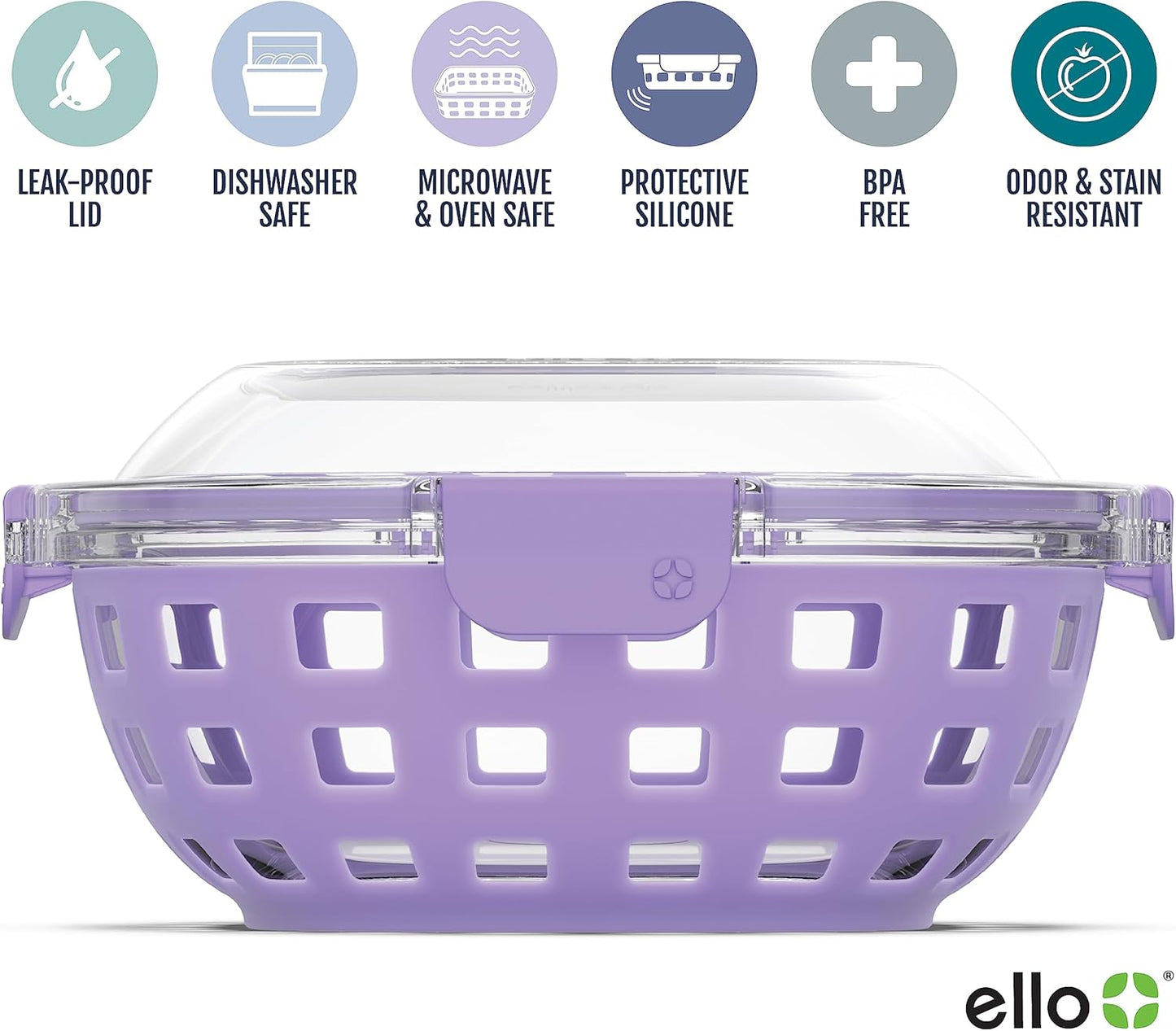 Ello DuraGlass Food Storage Glass Lunch Bowl - Meal Prep Container with Silicone Sleeve and Airtight Lid, 5 Cup, Yucca