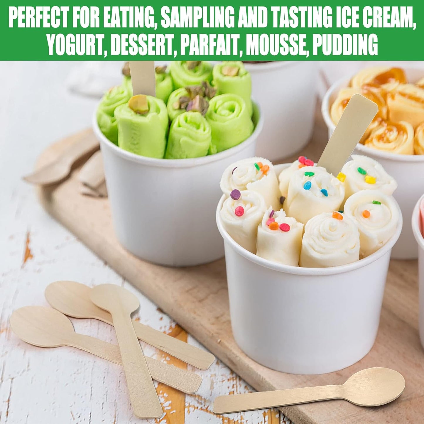 LotFancy Mini Wooden Spoons, Pack of 100, 4 inch Length, Disposable Tasting Sampling Spoons, Biodegradable Compostable Eco-friendly Birchwood Taster Spoons