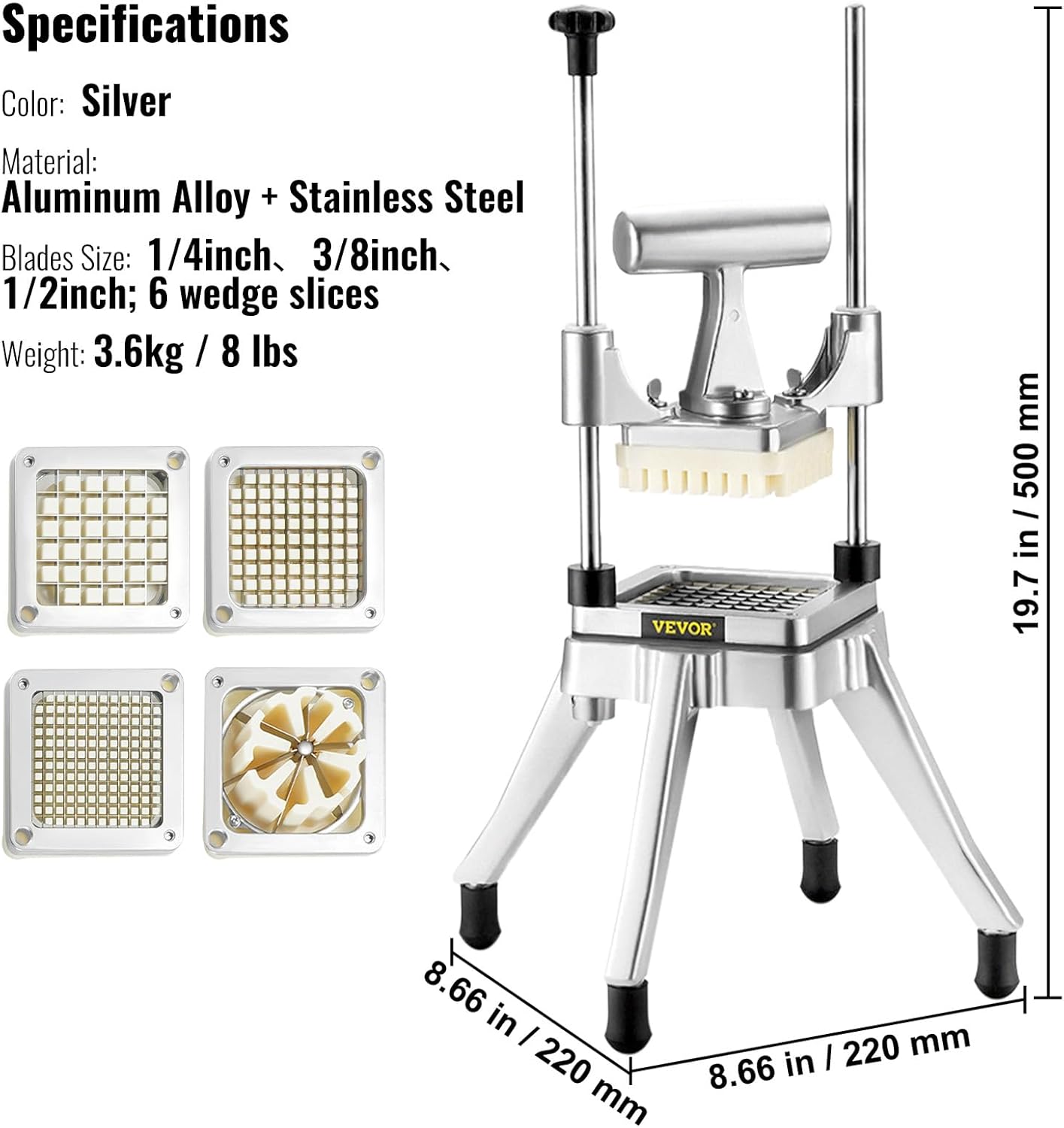 VEVOR French Fry Cutter, Ergonomic Potato Slicer with 3 Blades (1/2", 3/8", 1/4") & Juicer Plate, Easy-Replace Vegetable Chopper Dicer for Carrot, Onion, Lemon, Ideal for Home & Commercial Kitchens