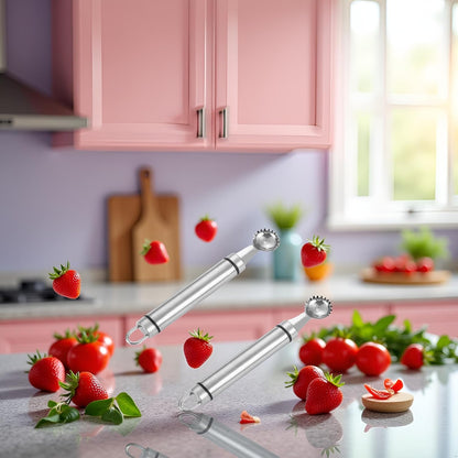 2Pcs Silver Stainless Steel Strawberry Huller Multi-Function Stainless Corer and Pitter Remover for Strawberry, Vegetable and Fruit Corer Practical Kitchen Tool, Tomato Stem Corers Tool Tomato
