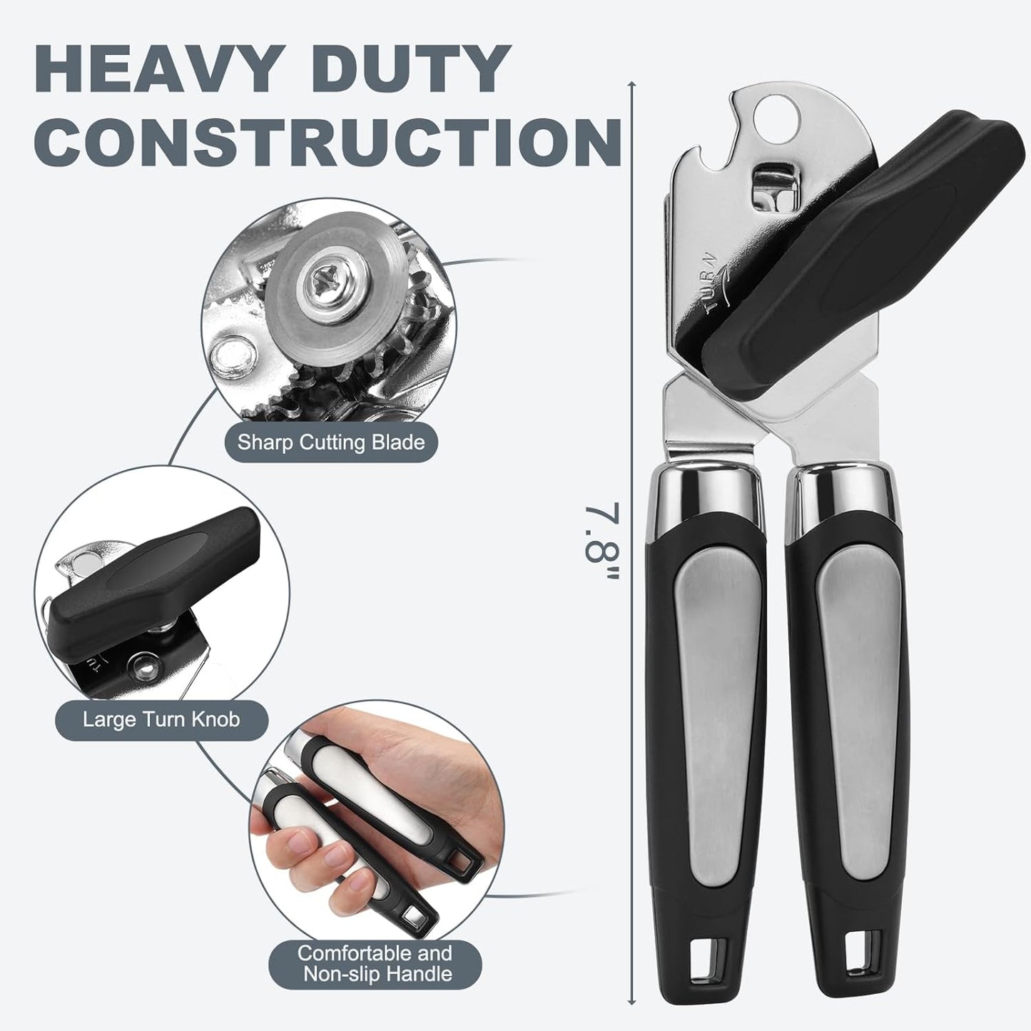 Manual Can Opener with Stainless Steel Sharp Blade, 3-in-1 Multifunction Handheld Can Opener and Bottle Opener, Soft Ergonomic Cushioned Handle