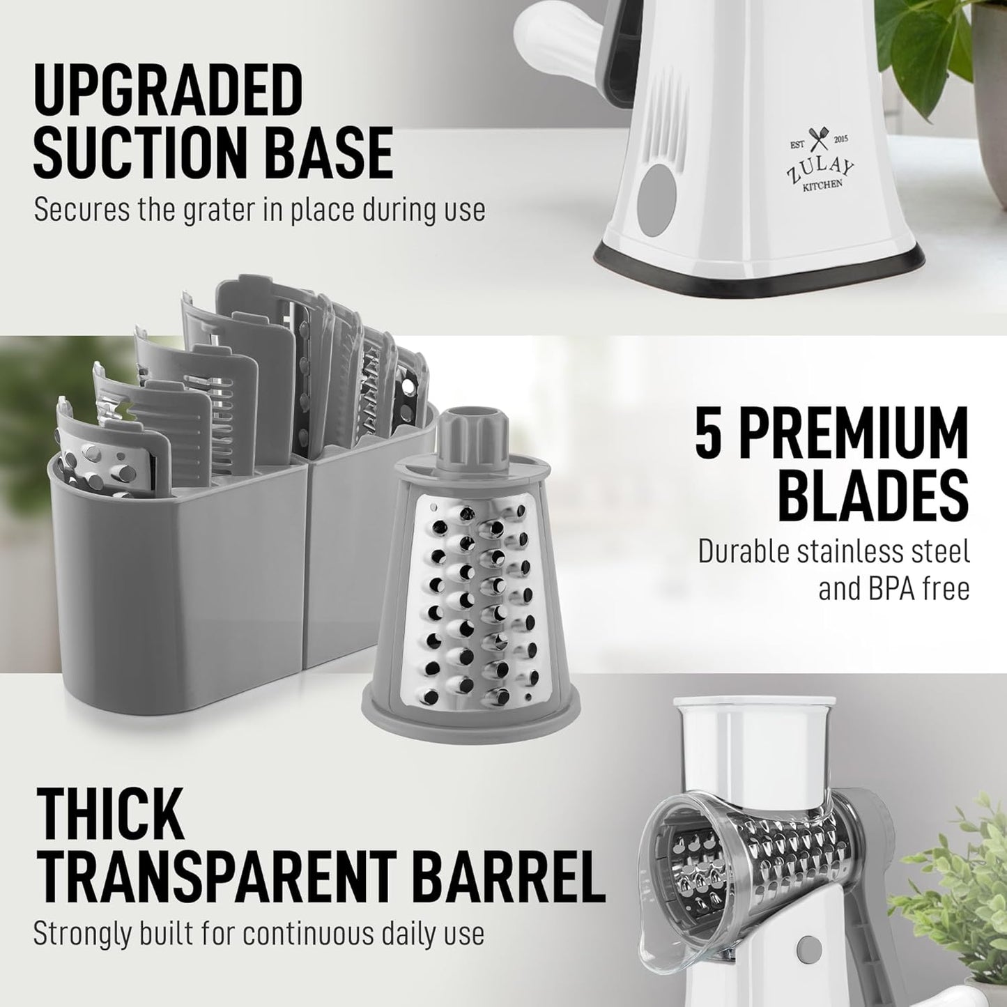 Zulay Kitchen Rotary Cheese Grater 5 Blade Cheese Shredder - Manual Hand Crank Cheese Grater With Reinforced Suction & 5 Interchangeable Drums - Easy to Use, Vegetable Chopper Round Mandoline Slicer - Colors A