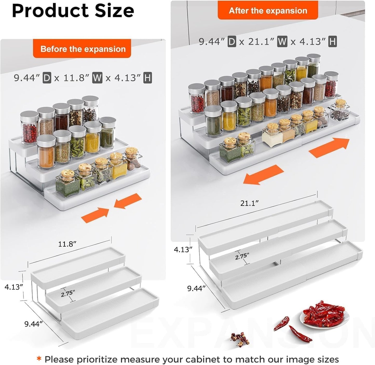 Expandable Spice Rack Organizer for Cabinet - 3 Tier Adjustable Cabinet Spice Organizer Easy Visibility - Spice Organizer for Cabinet Countertop Cupboard Pantry Organization (White)