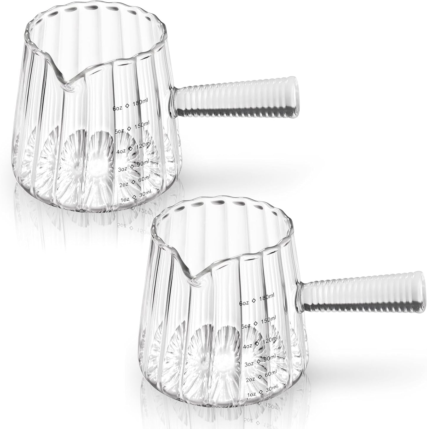 2 Pack Espresso Measuring Cup, 6oz Borosilicate Glass Espresso Cups with Wood Handle, V-Shaped Spout Milk Frothing Cup for Coffee, Tea, Syrup – Dishwasher Safe