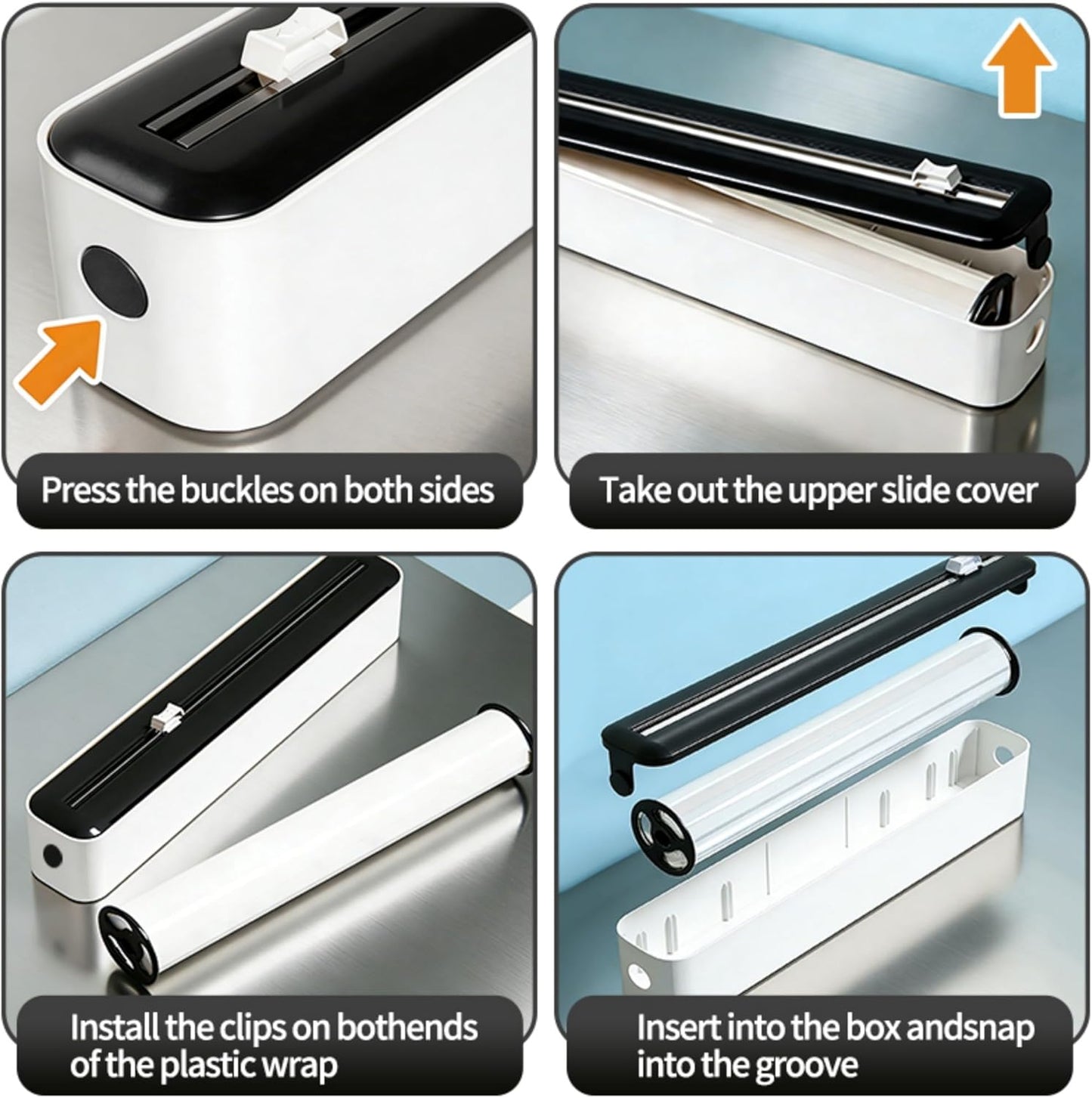 Plastic Wrap Dispenser with Cutter | Black | Fits 12-Inch Wide, 100-Foot Rolls (Up to 1.65" Diameter) | with Cling Film | Magnetic & Suction
