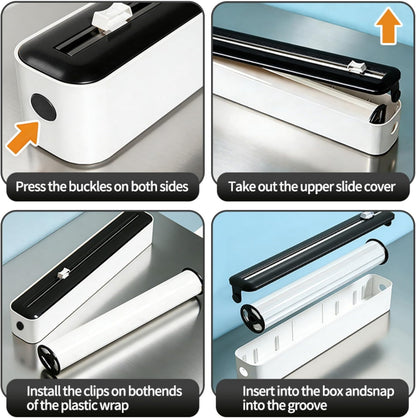 Plastic Wrap Dispenser with Cutter | Black | Fits 12-Inch Wide, 100-Foot Rolls (Up to 1.65" Diameter) | with Cling Film | Magnetic & Suction