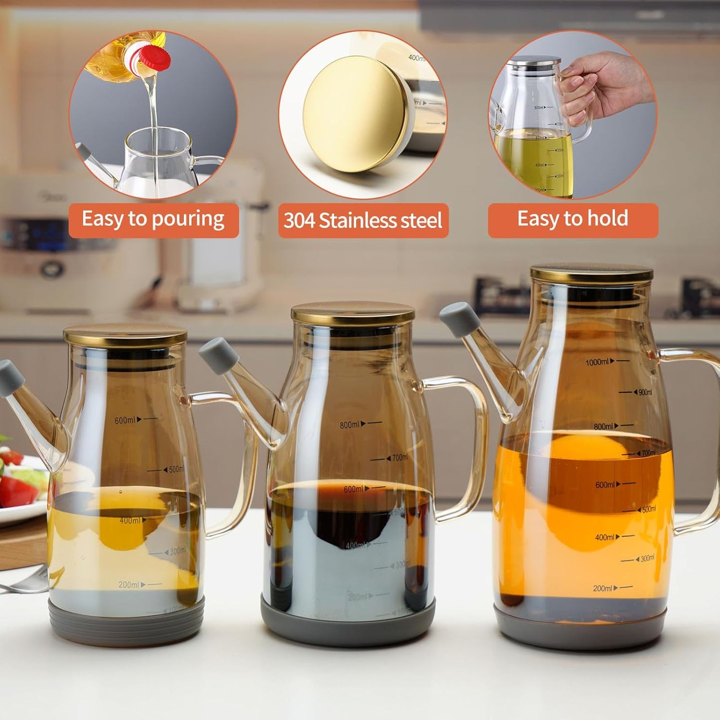 Large Glass Oil Dispenser Bottle for Kitchen Cooking Recipiente Para Aceite De Cocina Olive Oil Vinegar Dispenser Cruet Stainless Steel Lid No Drip Liquid Container (Clear, 34oz /1000ml)
