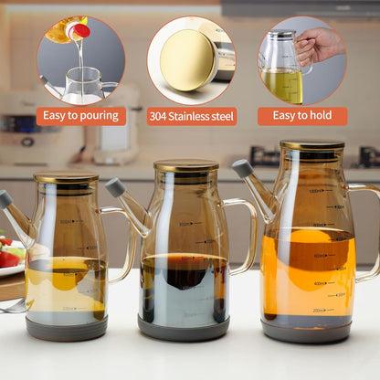Large Glass Oil Dispenser Bottle for Kitchen Cooking Recipiente Para Aceite De Cocina Olive Oil Vinegar Dispenser Cruet Stainless Steel Lid No Drip Liquid Container (Clear, 34oz /1000ml)