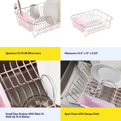 Dish Drying Rack & Cutlery Holder 2 Piece Set - Compact Sink-Fitting Dish Drainer with Rubberized Undercoating, Space-Saving Kitchen Organizer for Plates, Cups, Bowls & Utensils in Sink, Silver