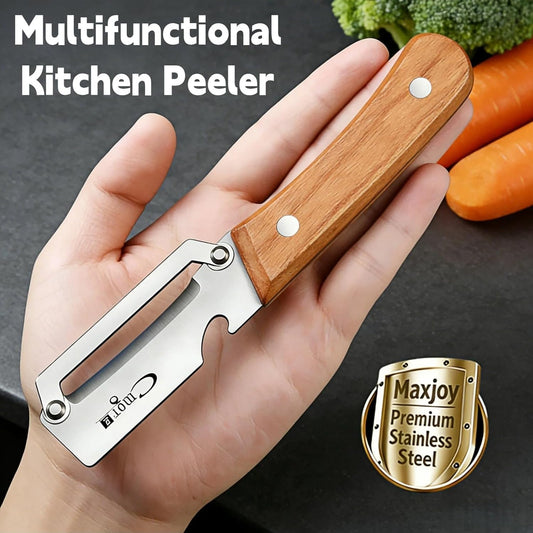 Maxjoy Multifunctional Vegetable Peeler, Zero Flex & Zero Snag, Stainless Steel with Wooden Handle, 2 in 1 Peeler with Bottle Opener for Potato Apple Carrot Fruit