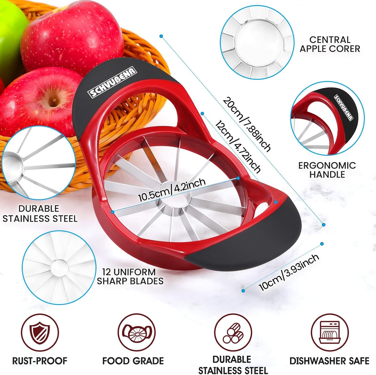 SCHVUBENR 12-Blade Apple Slicer and Corer - 4.72 Inch Sharp Stainless Steel Apple Cutter - Professional Apple Divider Tool for Quick Slices - Easy to Use & Clean - Slice Fruits with Ease - Black