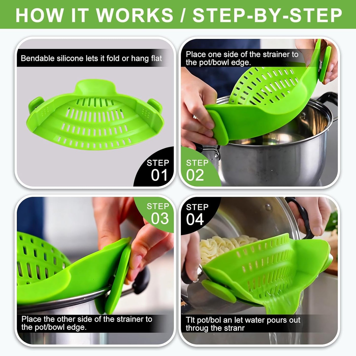Pasta Strainer Clip-on Silicone Colander for Pot, Pan & Bowl, Heat-Resistant BPA Free Food Drainer with Stainless Steel Clips for Noodle, Meat, Fruit & Vegetable, Space Saving Kitchen Gadget