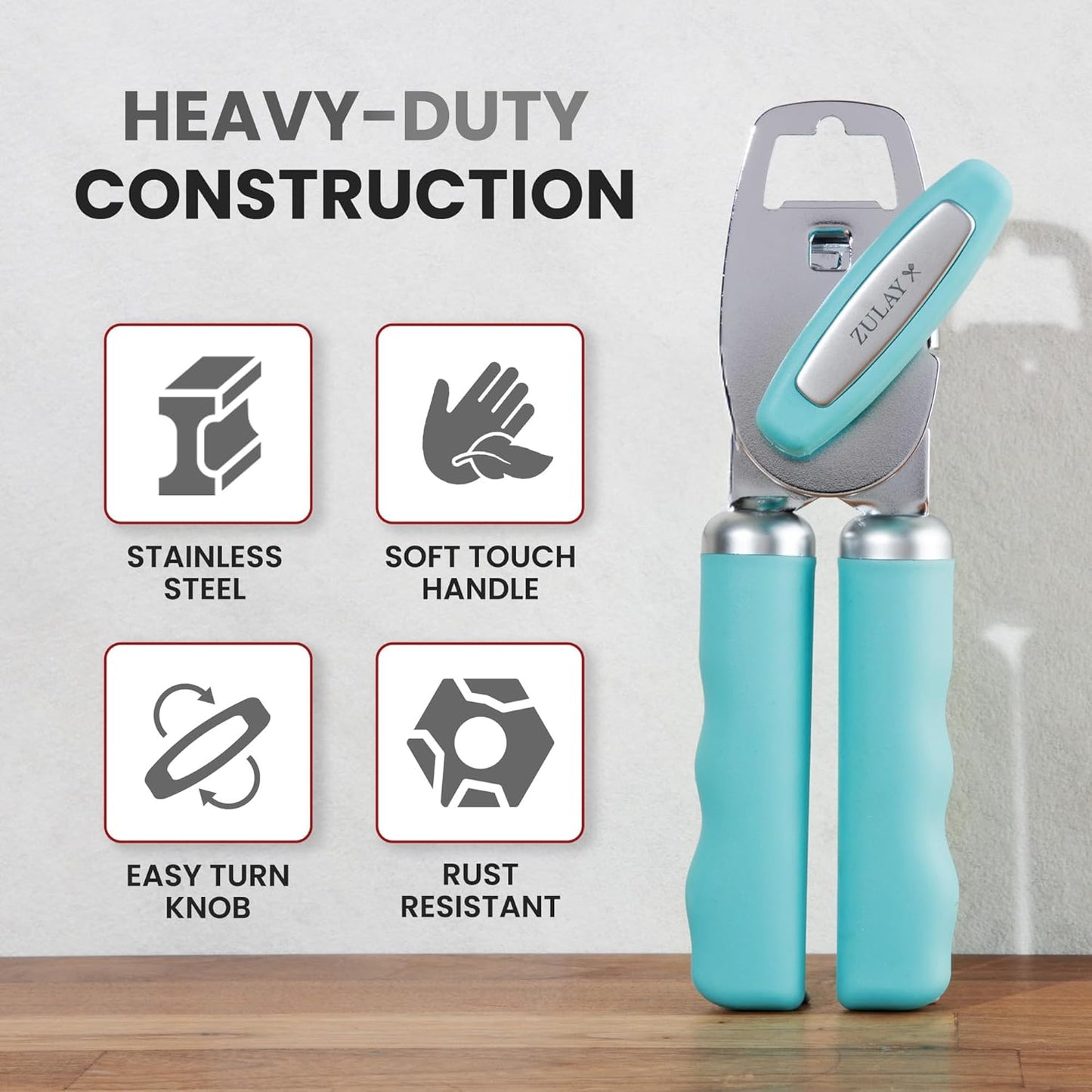 Zulay Kitchen Heavy Duty Stainless Steel Can Opener Manual with Bottle Opener - Rust Proof Manual Can Opener With Turn Knob & Comfy Soft Grip Handles - Cherry Red - Colors B