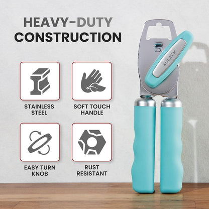 Zulay Kitchen Heavy Duty Stainless Steel Can Opener Manual with Bottle Opener - Rust Proof Manual Can Opener With Turn Knob & Comfy Soft Grip Handles - Cherry Red - Colors B