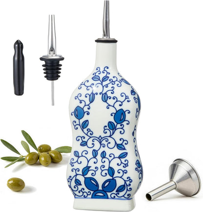 20oz Vintage Ceramic Olive Oil Dispenser Bottle, Gourd Shape Blue and White Porcelain Oil Bottle with Spout and Funnel,Drip-Free Cruet, for Oil, Vinegar, Soy Sauce, Coffee Syrup, Liquids