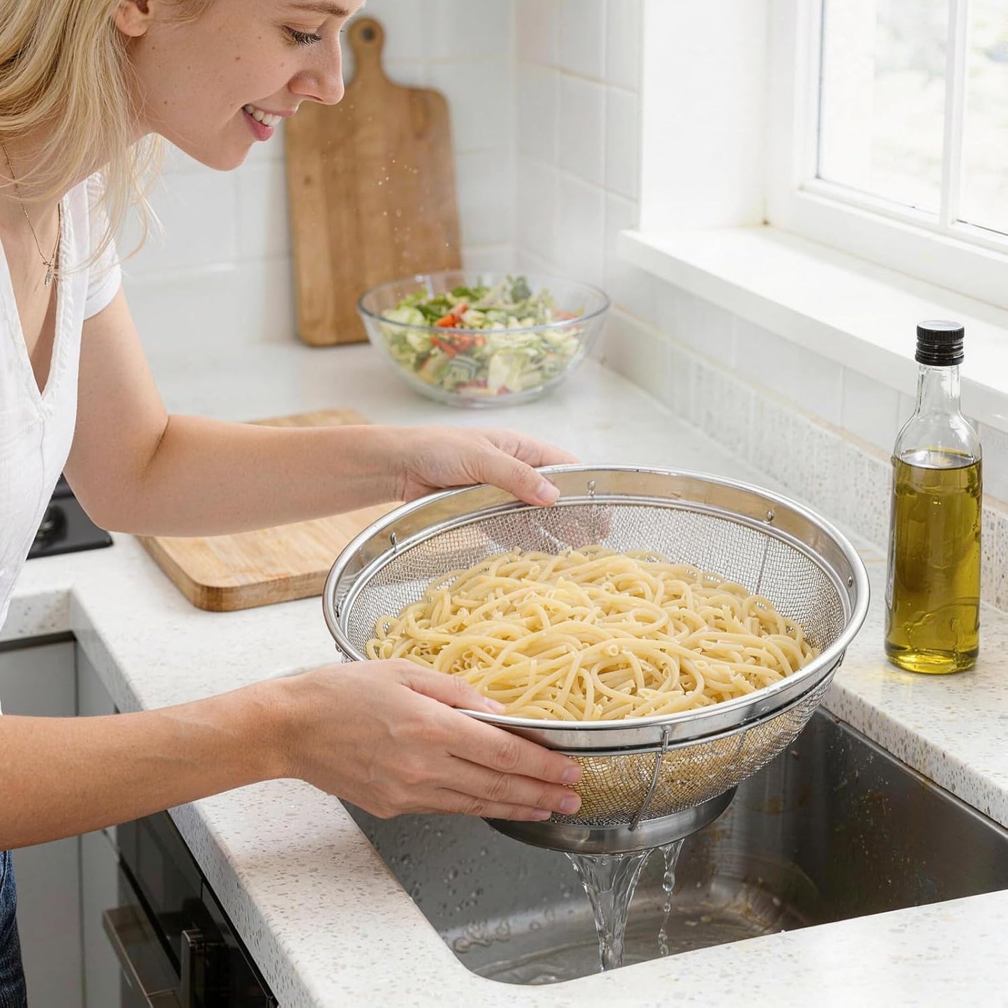 Fine Mesh Strainer for Kitchen, Stainless Steel Colander Bowl for Pasta, Rice, Fruit, Metal Net Baskets with Resting Base - Strain, Drain, Rinse