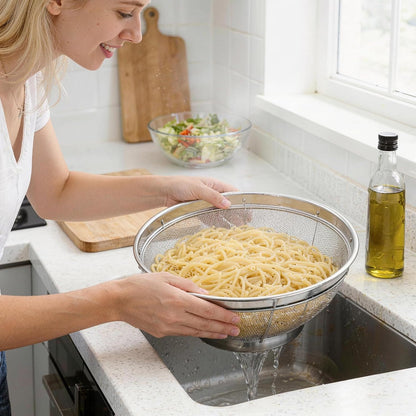 Fine Mesh Strainer for Kitchen, Stainless Steel Colander Bowl for Pasta, Rice, Fruit, Metal Net Baskets with Resting Base - Strain, Drain, Rinse