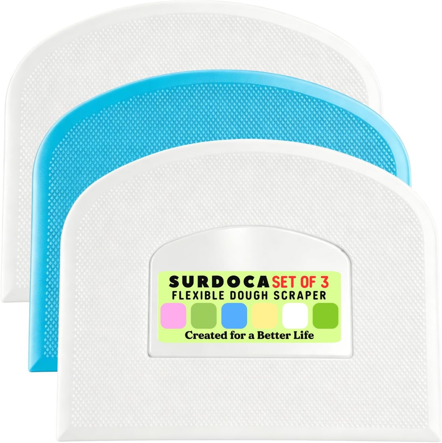 SURDOCA Dough Scraper Bench Scraper - 3P 4.7x3.7" Plastic Flexible Bowl Scraper, Sharp Edge & Angles Cake Scraper. Non-Slip Bakeware Decorating Tools Sculpting & Modeling Tools - Green+White+Green - Colors A