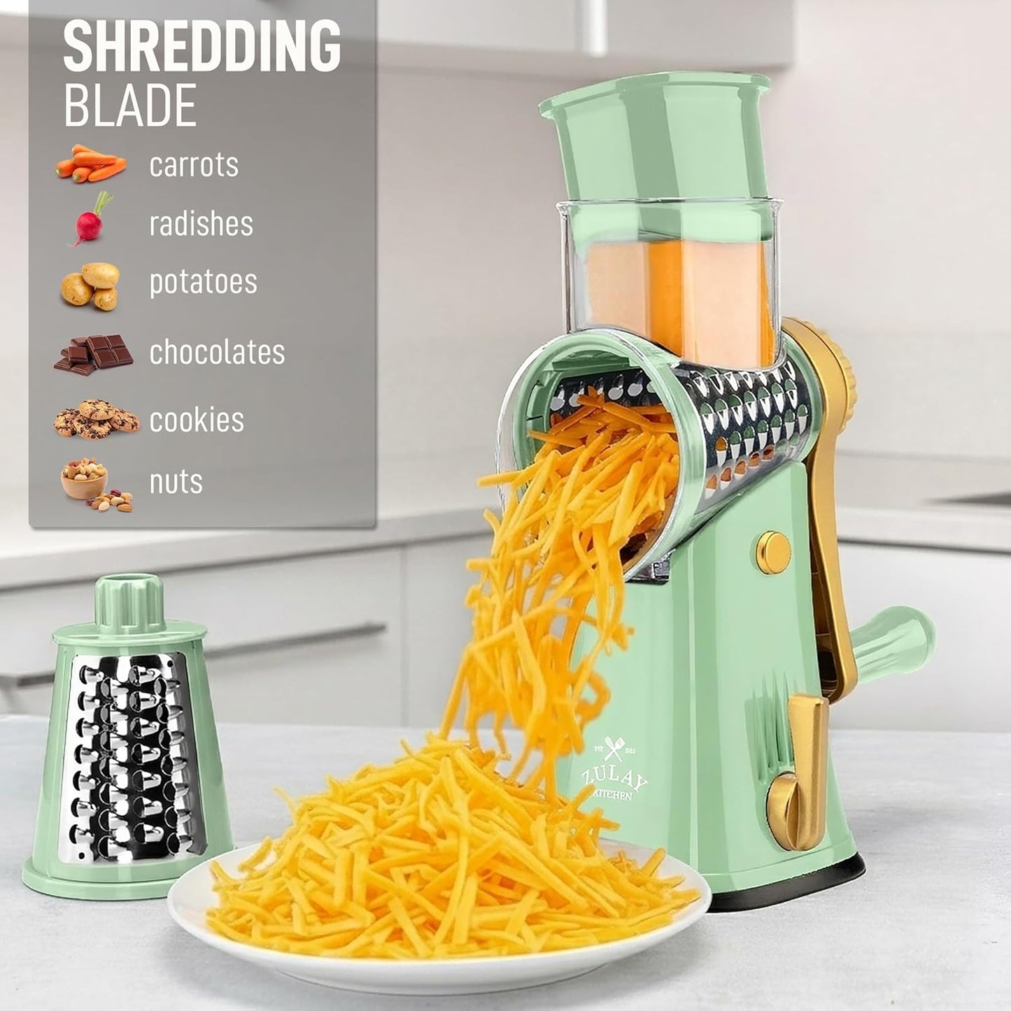 Zulay Kitchen Rotary Cheese Grater 5 Blade Cheese Shredder - Manual Hand Crank Cheese Grater With Reinforced Suction & 5 Interchangeable Drums - Easy to Use, Vegetable Chopper Round Mandoline Slicer - Colors A