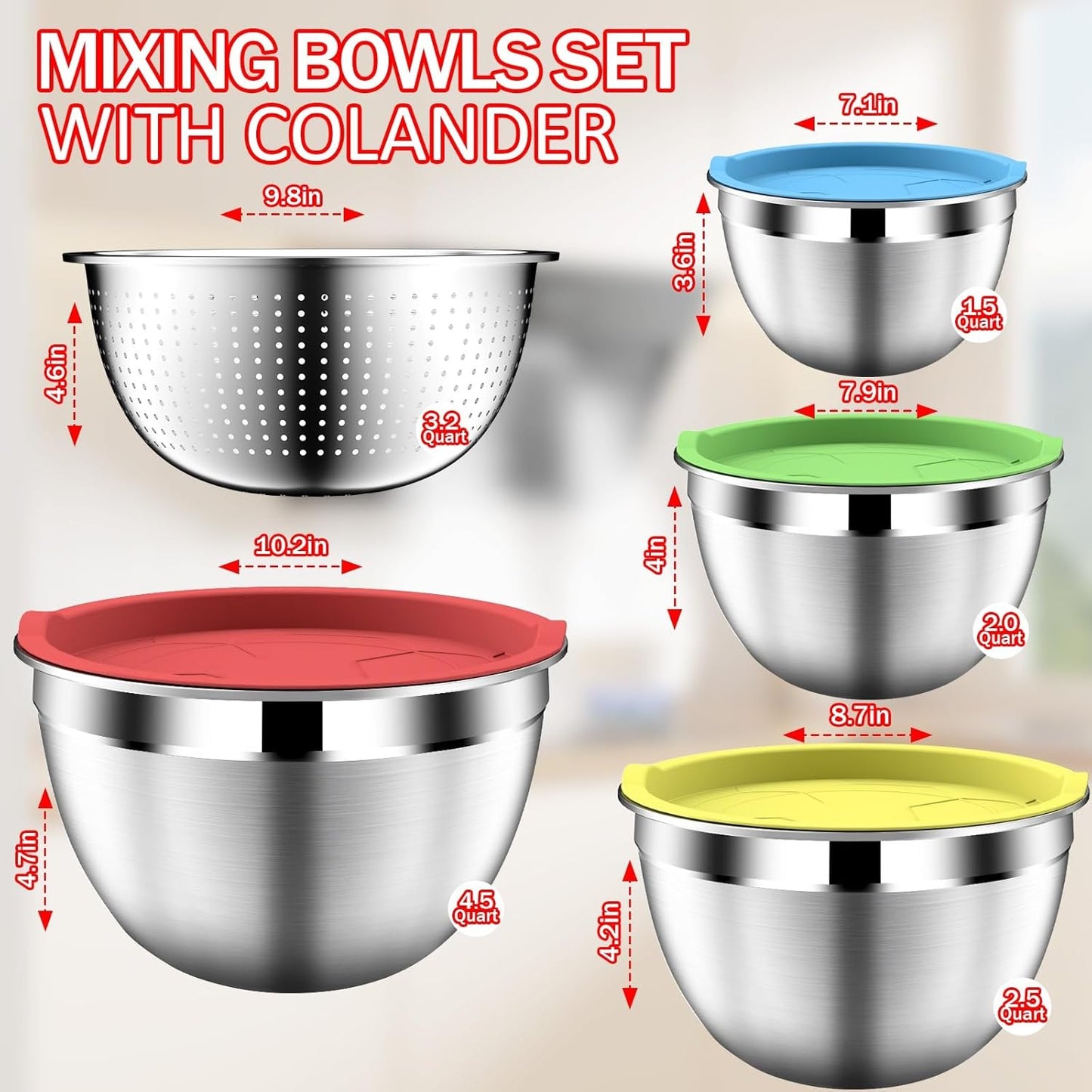 DUTZUN Mixing Bowls with Lids Set, Stainless Steel Mixing Bowls with Colander, Strainer with Mixing Bowl Set, Serving Bowl Kitchen Gift, Size 4.5, 2.5, 2, 1.5QT - Black
