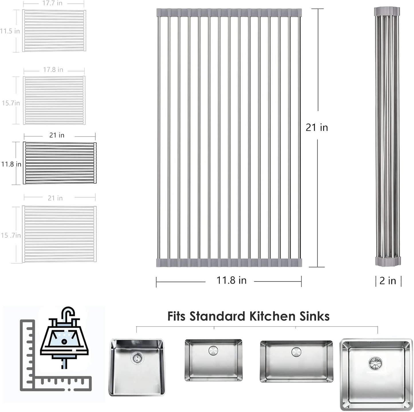 Tomorotec Roll Up Dish Drying Rack Over The Sink Grey Large Dish Drying Rack Rolling Foldable Collapsible SUS304 Stainless Steel Multipurpose Dish Drainer for Kitchen Counter (21”x15.7”)