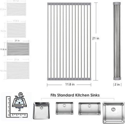 Tomorotec Roll Up Dish Drying Rack Over The Sink Grey Large Dish Drying Rack Rolling Foldable Collapsible SUS304 Stainless Steel Multipurpose Dish Drainer for Kitchen Counter (21”x15.7”)